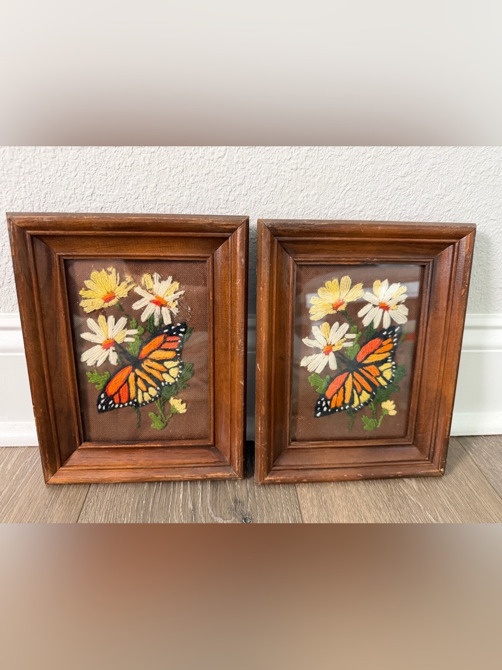 Vintage Set Of 2 Framed Crewel Embroidery Monarch Butterflies Flowers 7x9”